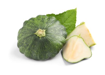 Photo of Whole and cut green pattypan squashes with leaf on white background