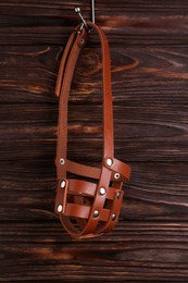 Brown leather dog muzzle hanging on wooden wall