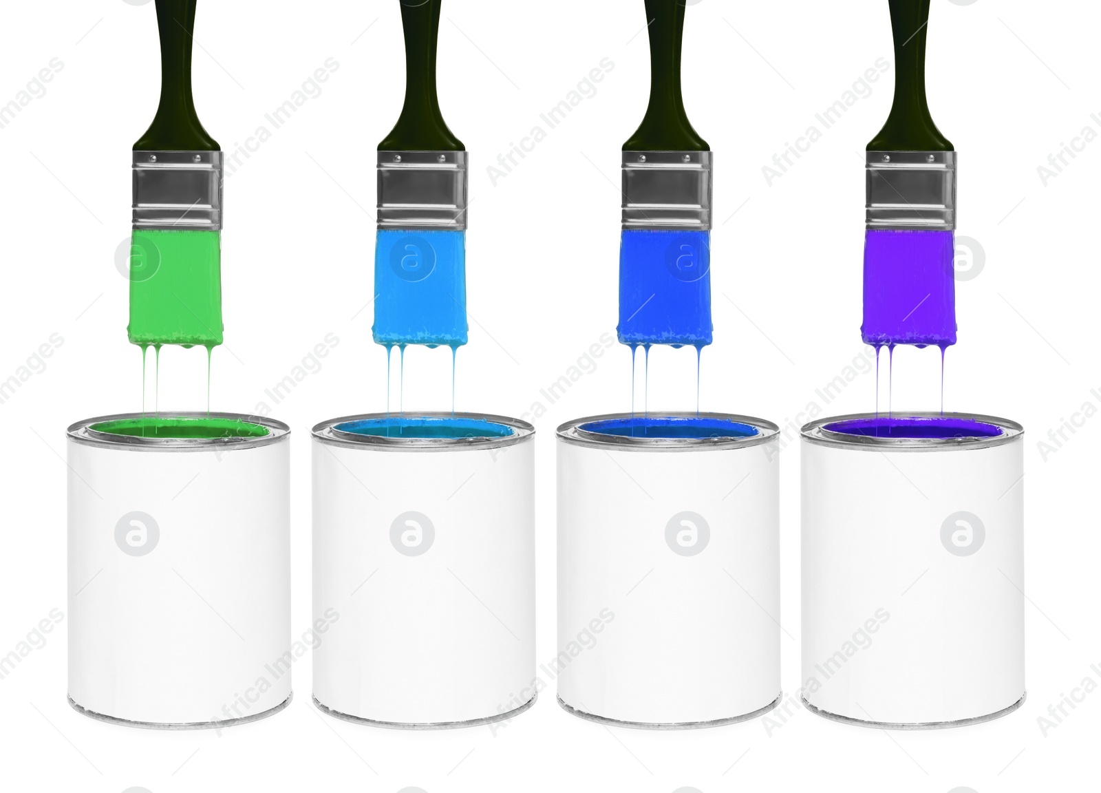 Image of Brushes with colorful paints in air over cans on white background