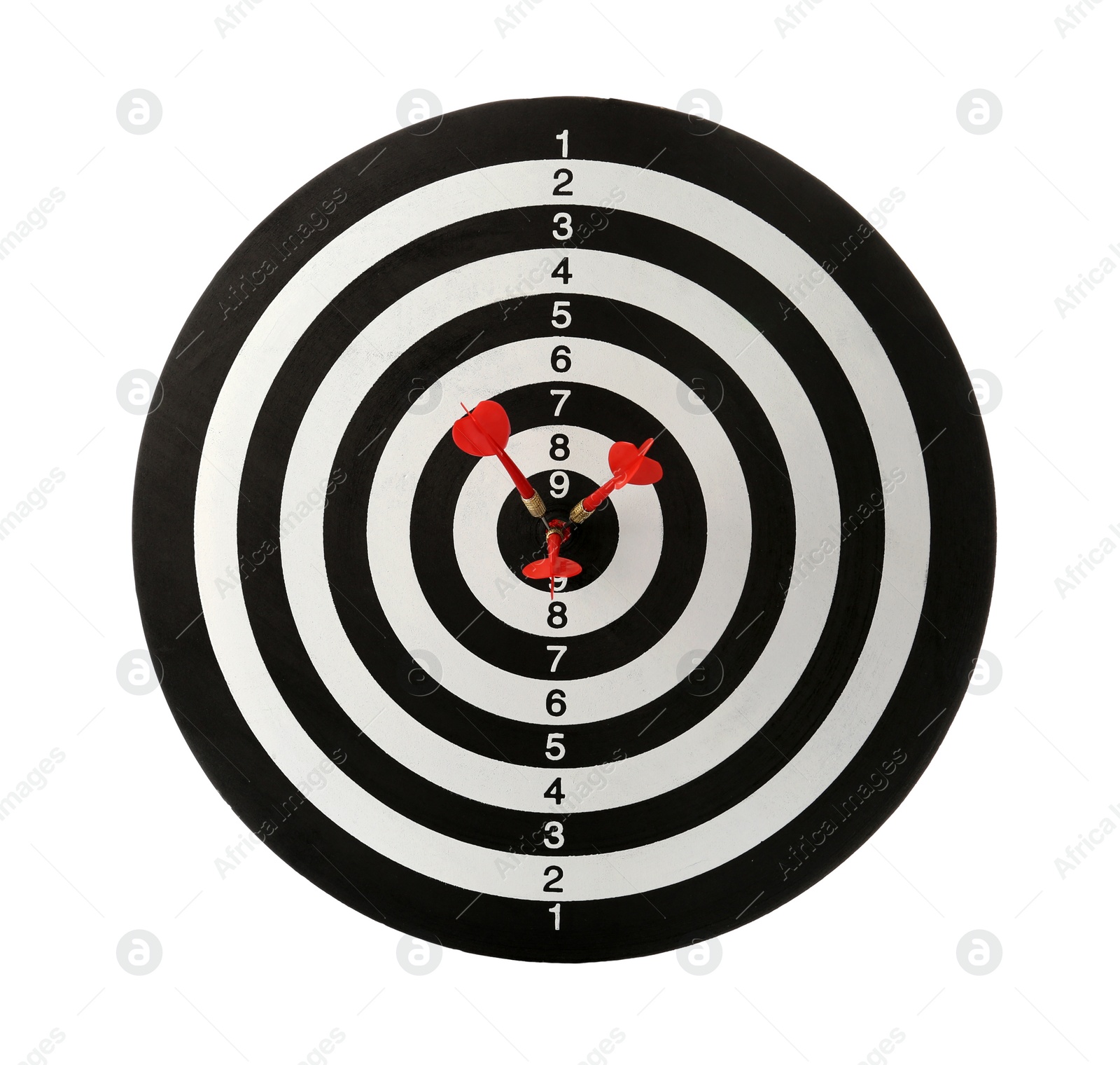 Photo of Red arrows hitting target on dart board against white background