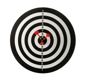 Photo of Red arrows hitting target on dart board against white background