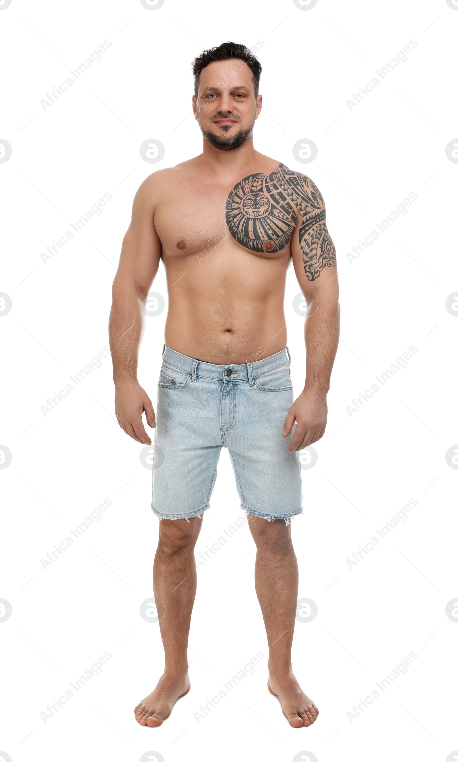 Photo of Full length portrait of shirtless man on white background