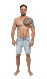 Photo of Full length portrait of shirtless man on white background