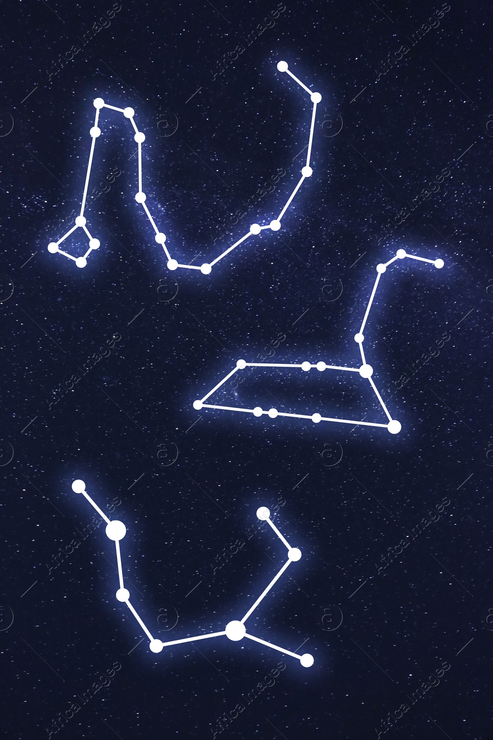 Image of Set with different constellation stick figure patterns in starry night sky