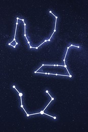 Set with different constellation stick figure patterns in starry night sky