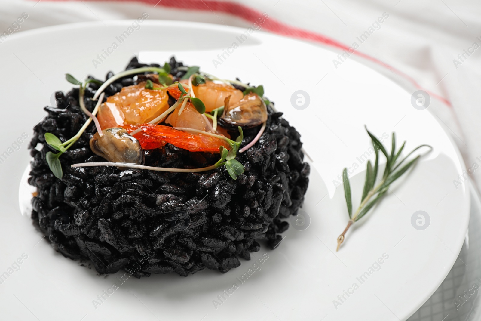 Photo of Delicious black risotto with seafood in plate, closeup