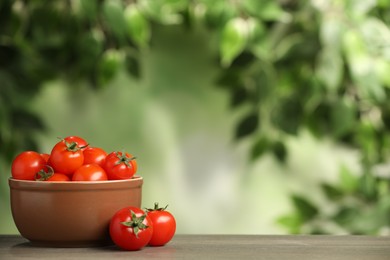 Photo of Wooden bowl with fresh tomatoes on blurred background. Space for text