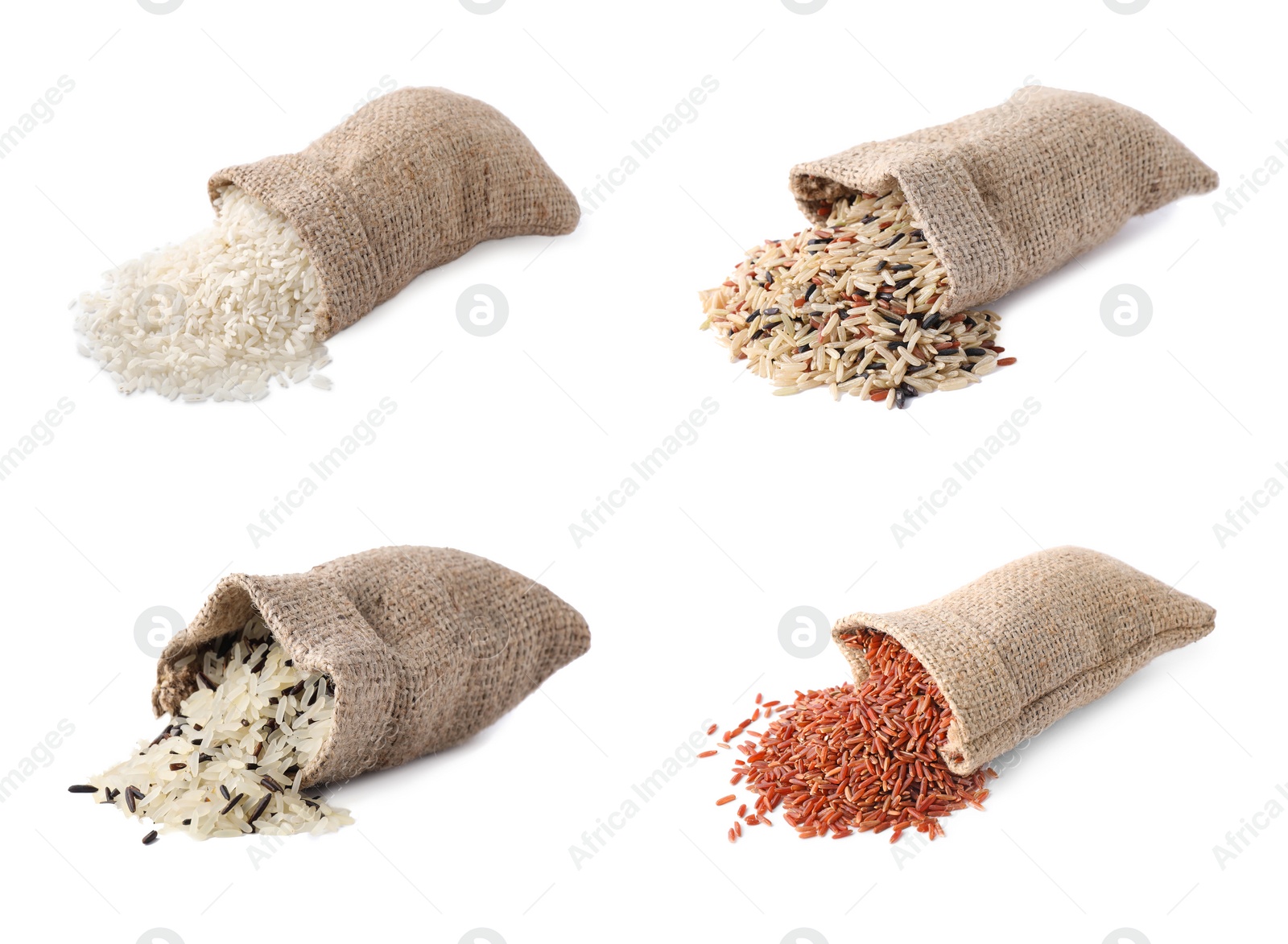 Image of Set with different types of rice in bags on white background