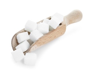 Photo of Sugar cubes in wooden scoop isolated on white