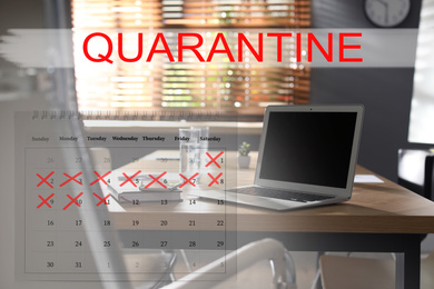 Workplace with laptop at home and calendar. Quarantine during coronavirus outbreak