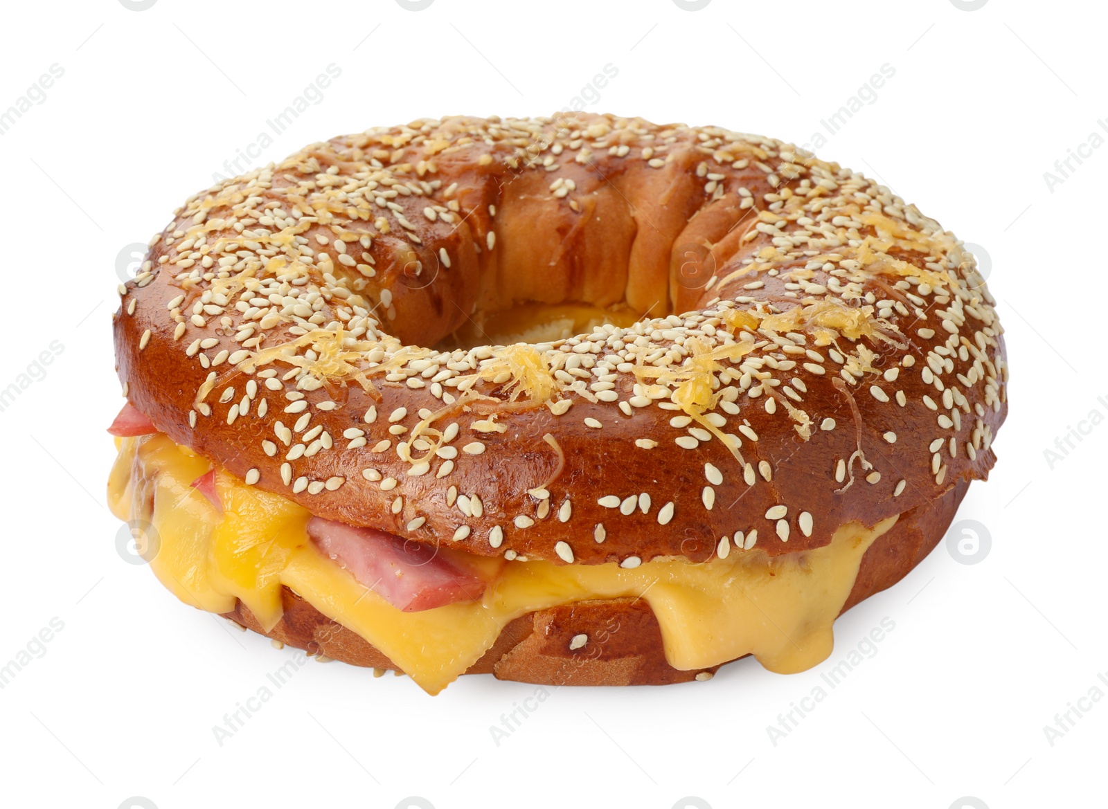 Photo of Delicious bagel with ham and cheese isolated on white