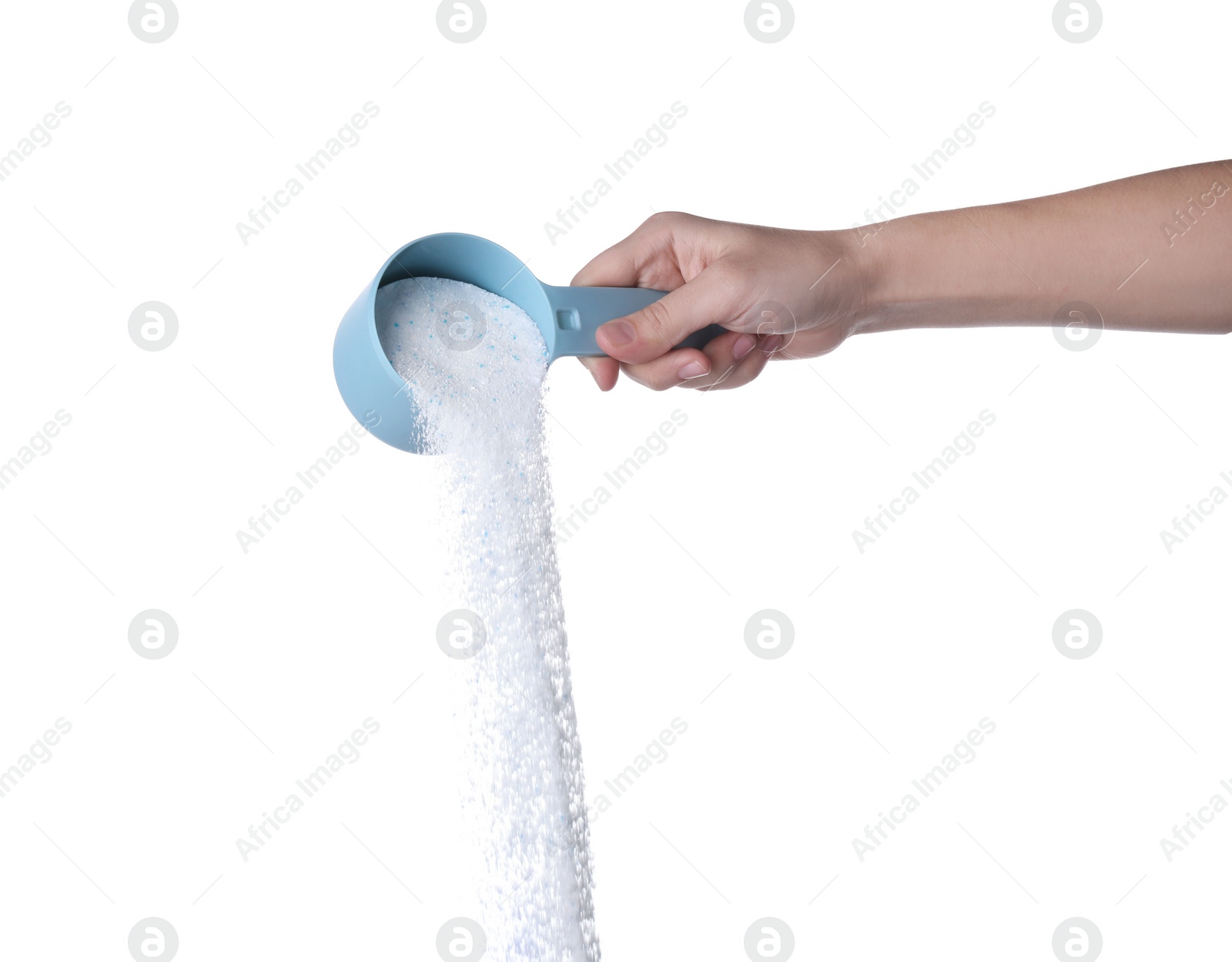 Photo of Woman pouring laundry detergent from measuring container against white background, closeup