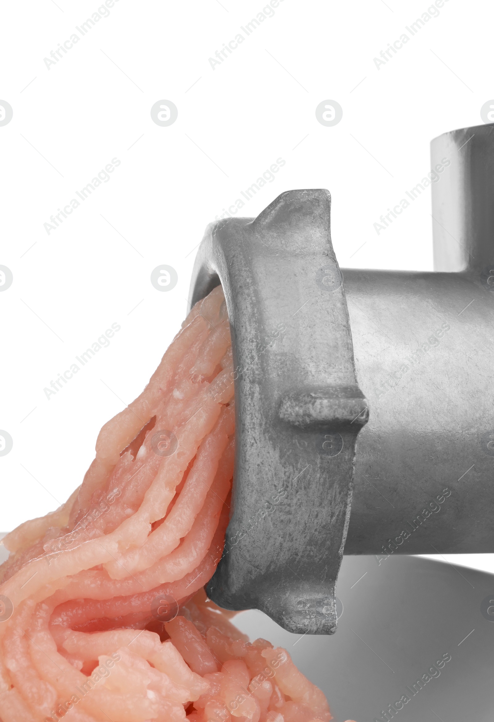 Photo of Metal meat grinder with chicken mince isolated on white