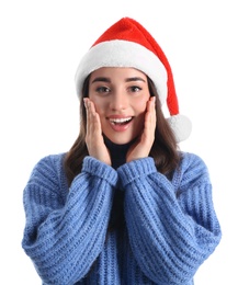 Photo of Beautiful emotional woman wearing Santa Claus hat on white background