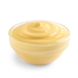 Delicious cheese sauce in bowl on white background