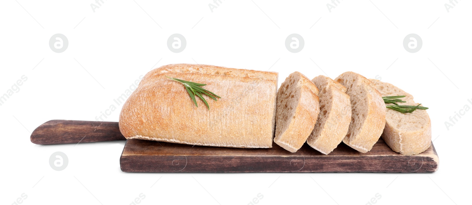 Photo of Cut delicious ciabatta with rosemary isolated on white
