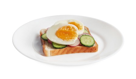 Photo of Delicious sandwich with boiled egg, cucumber and radish slices isolated on white