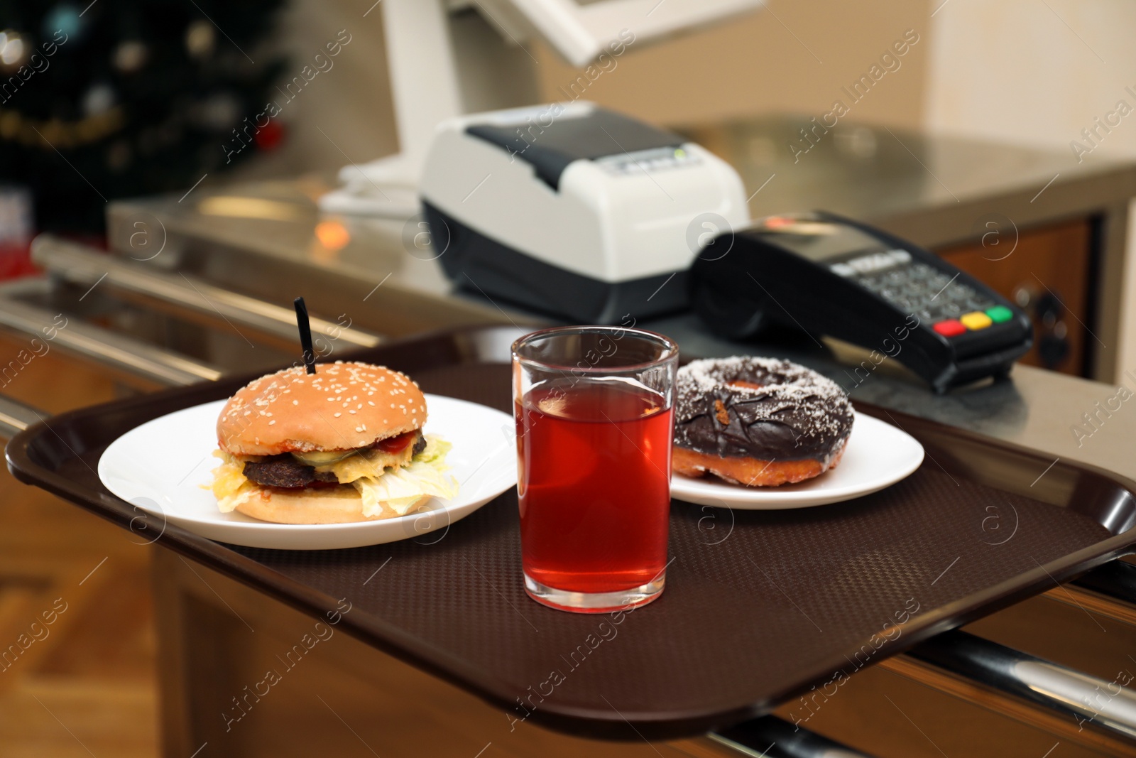 Photo of Plastic tray with tasty food in school canteen