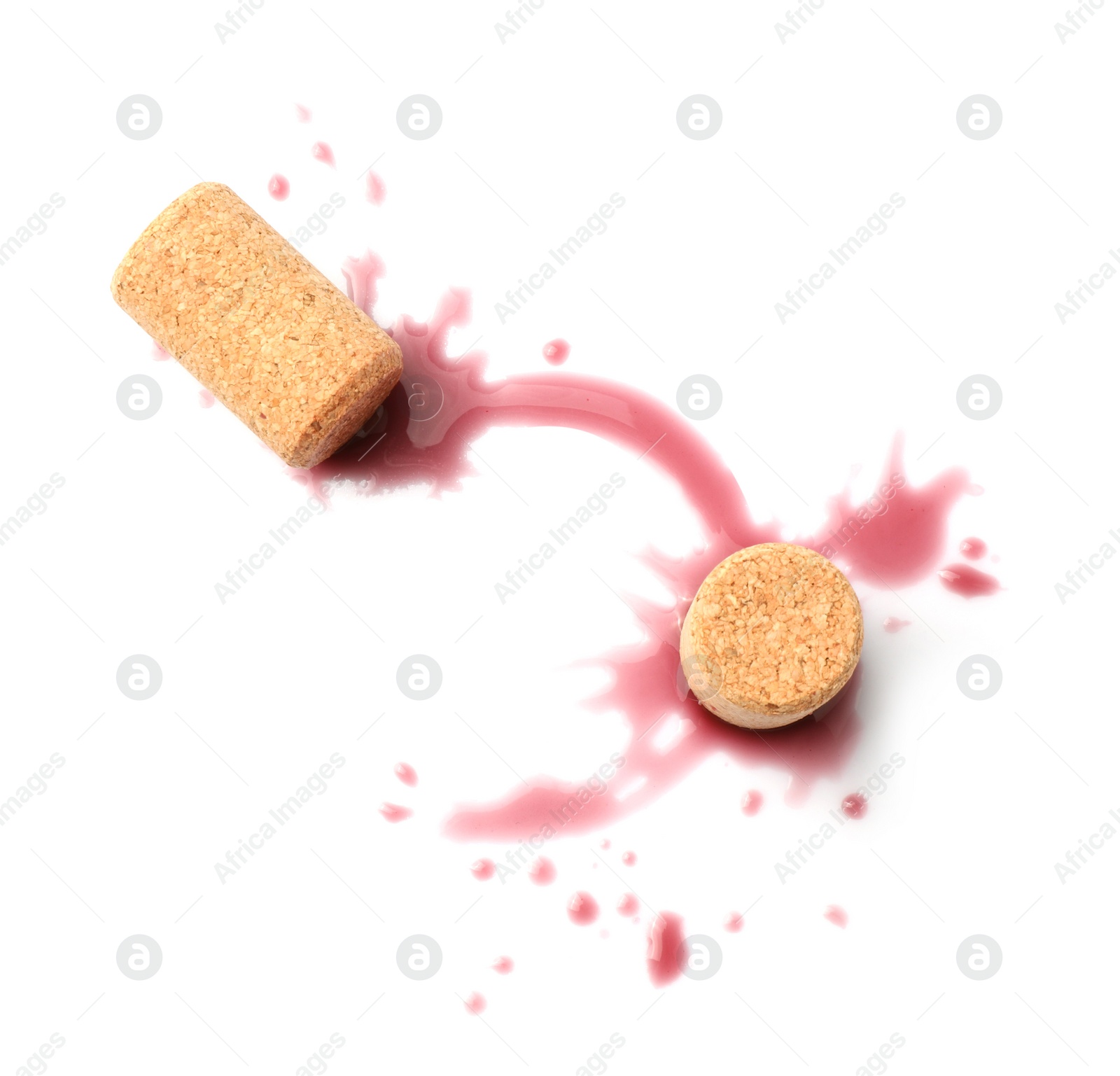 Photo of Bottle corks with wine stains on white background, top view