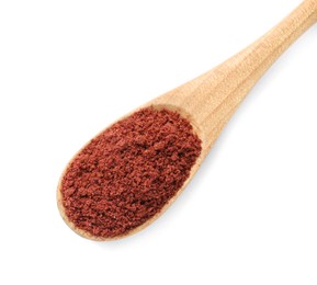 Photo of Dried cranberry powder in wooden spoon isolated on white, top view