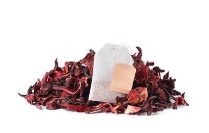 Pile and bag of dry hibiscus tea isolated on white