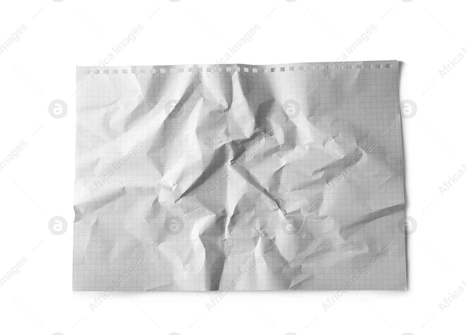 Photo of Crumpled sheet of paper on white background, top view