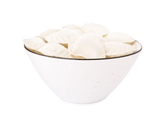 Raw delicious dumplings (varenyky) on white background