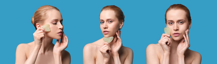 Image of Collage with portraits of beautiful woman doing facial massage with gua sha tool on blue background