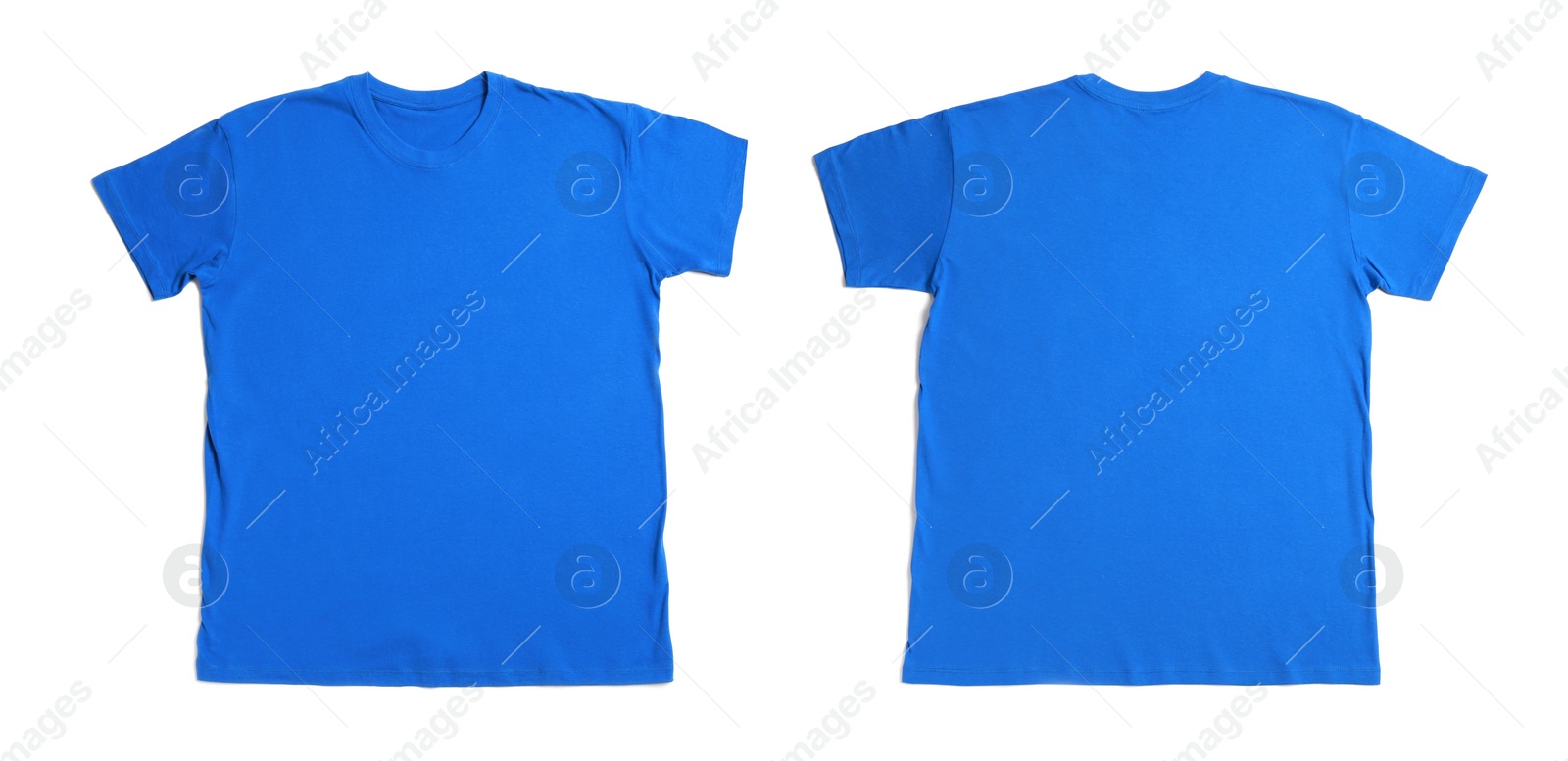 Image of Blue t-shirt with space for design isolated on white. Back and front views