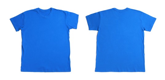 Image of Blue t-shirt with space for design isolated on white. Back and front views