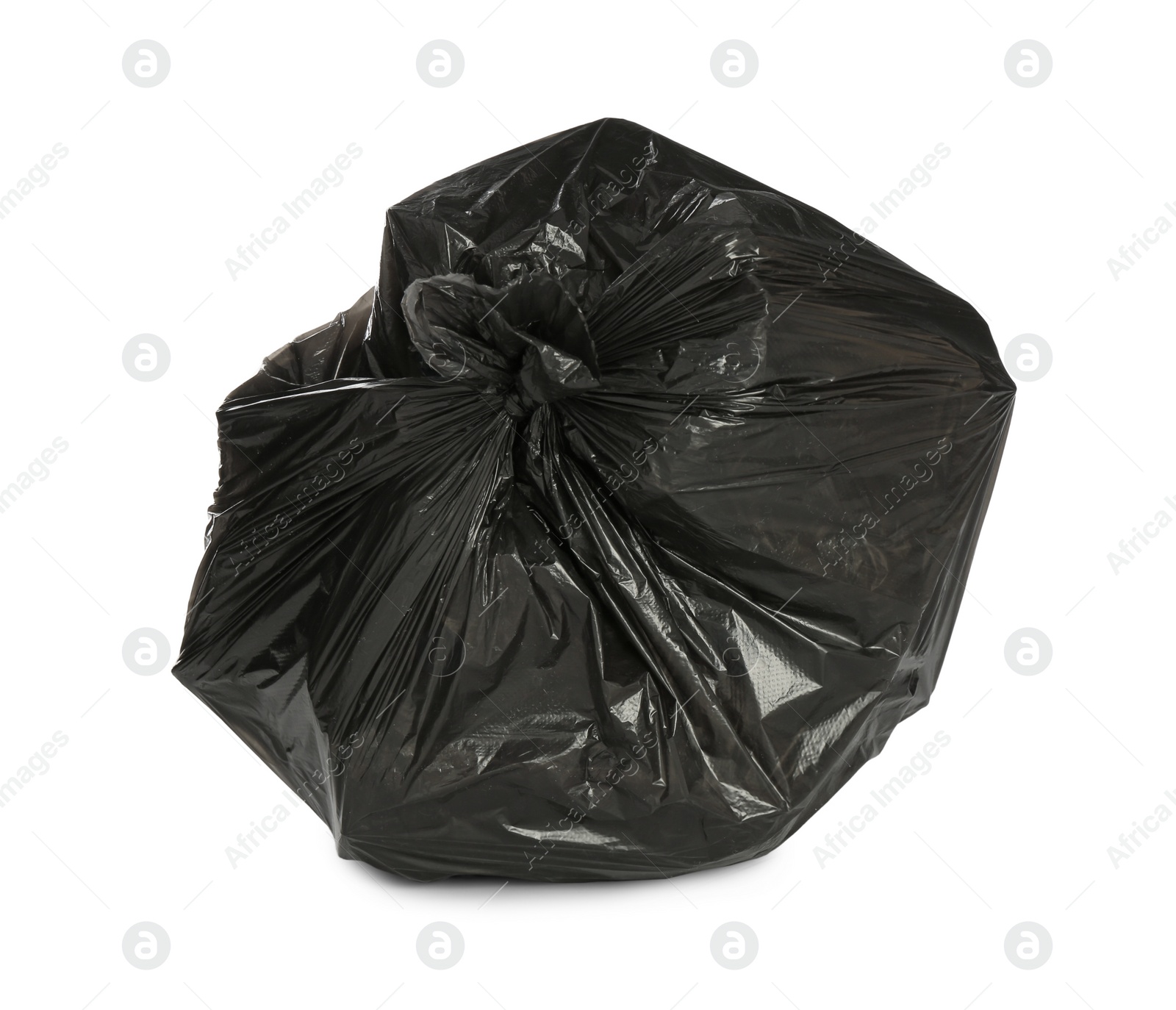 Photo of Black trash bag filled with garbage isolated on white