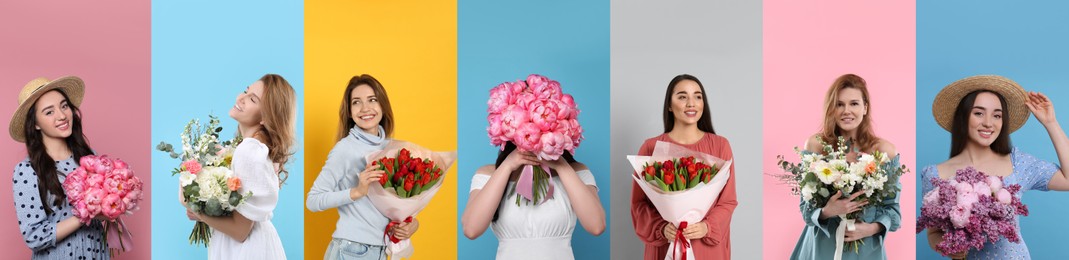 Image of 8 March - Happy Women's Day. Charming ladies with beautiful flowers on different colors backgrounds, collage