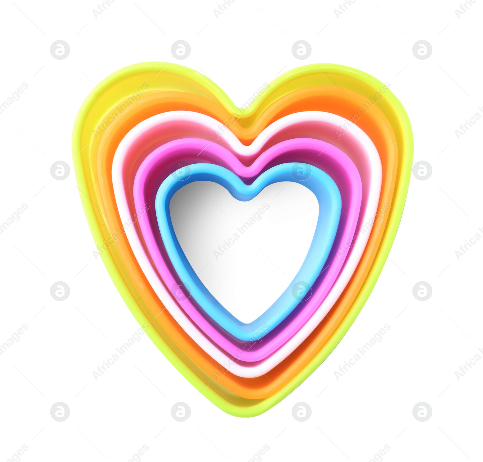 Photo of Heart shaped cookie cutters on white background, top view