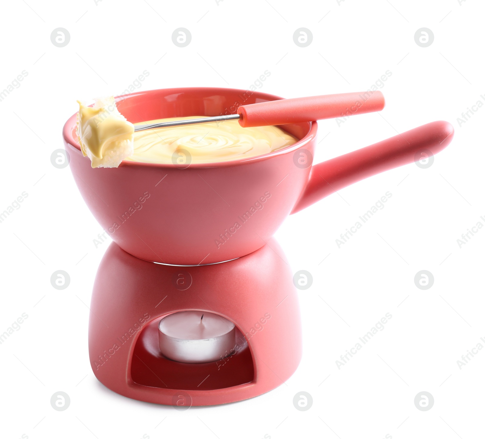 Photo of Pot of delicious cheese fondue and fork with bread on white background