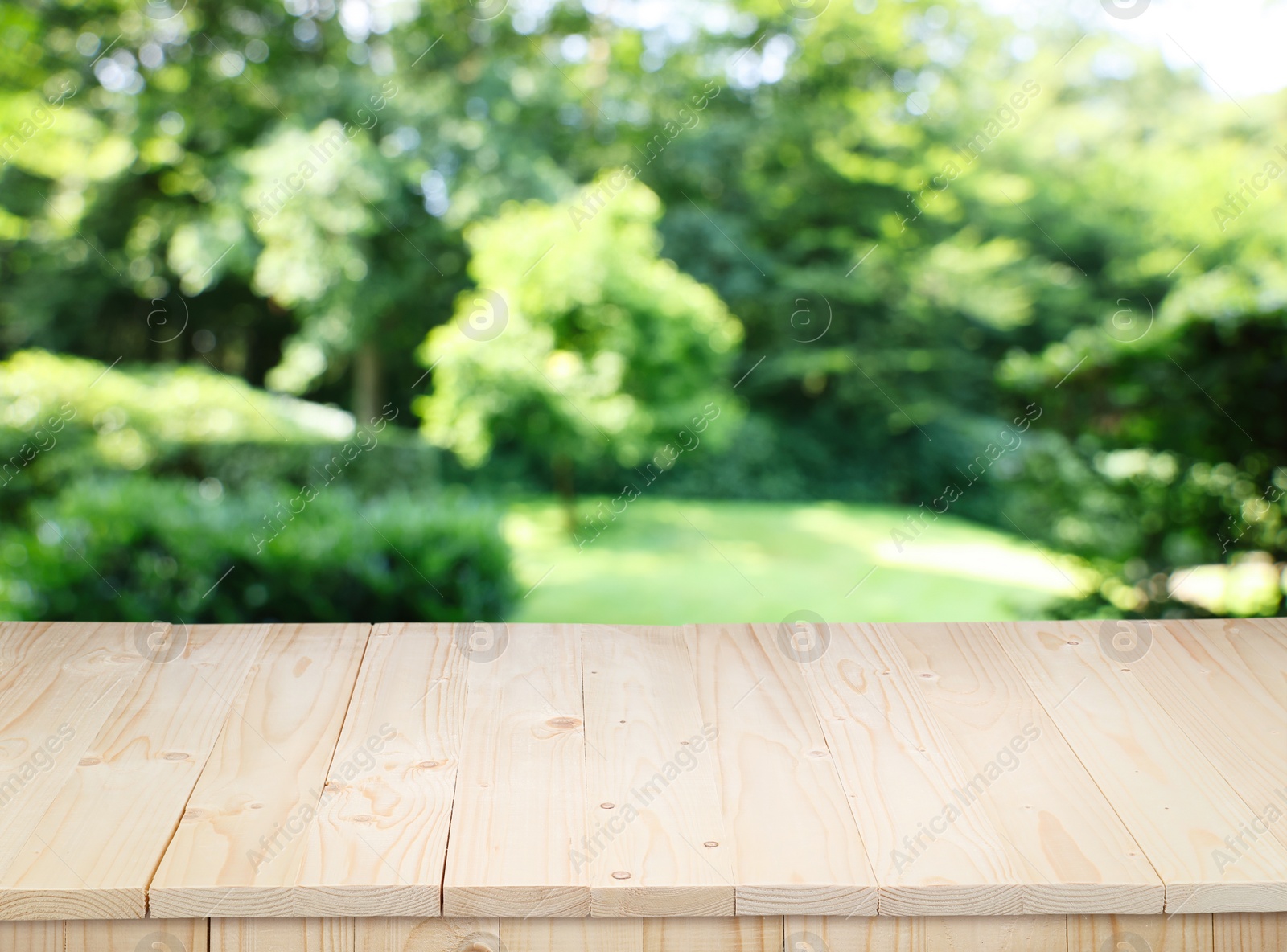 Image of Empty wooden surface outdoors on sunny day. Space for design