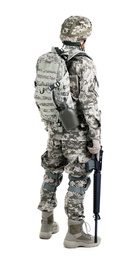 Male soldier with machine gun on white background. Military service