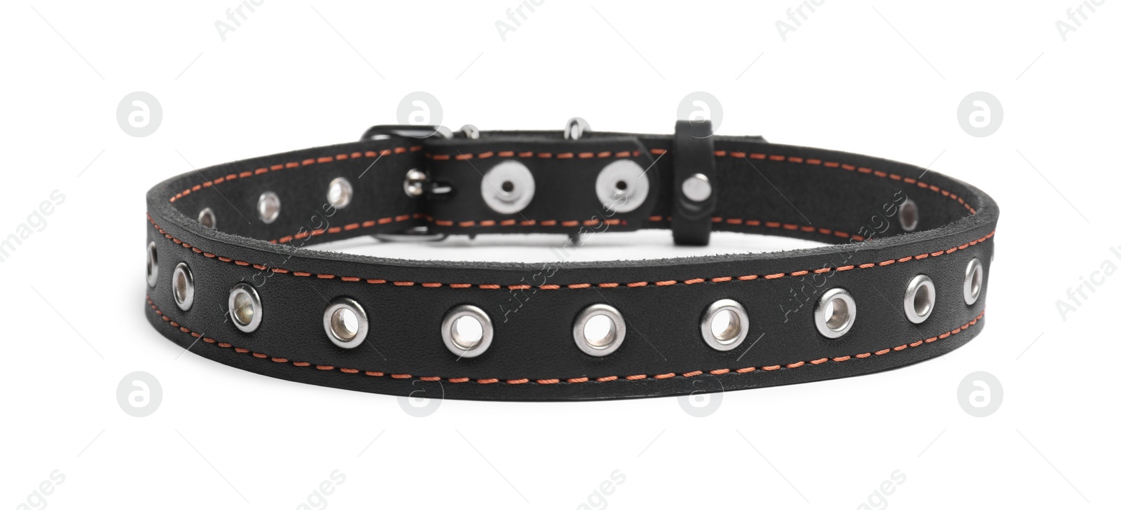 Photo of Black leather dog collar isolated on white