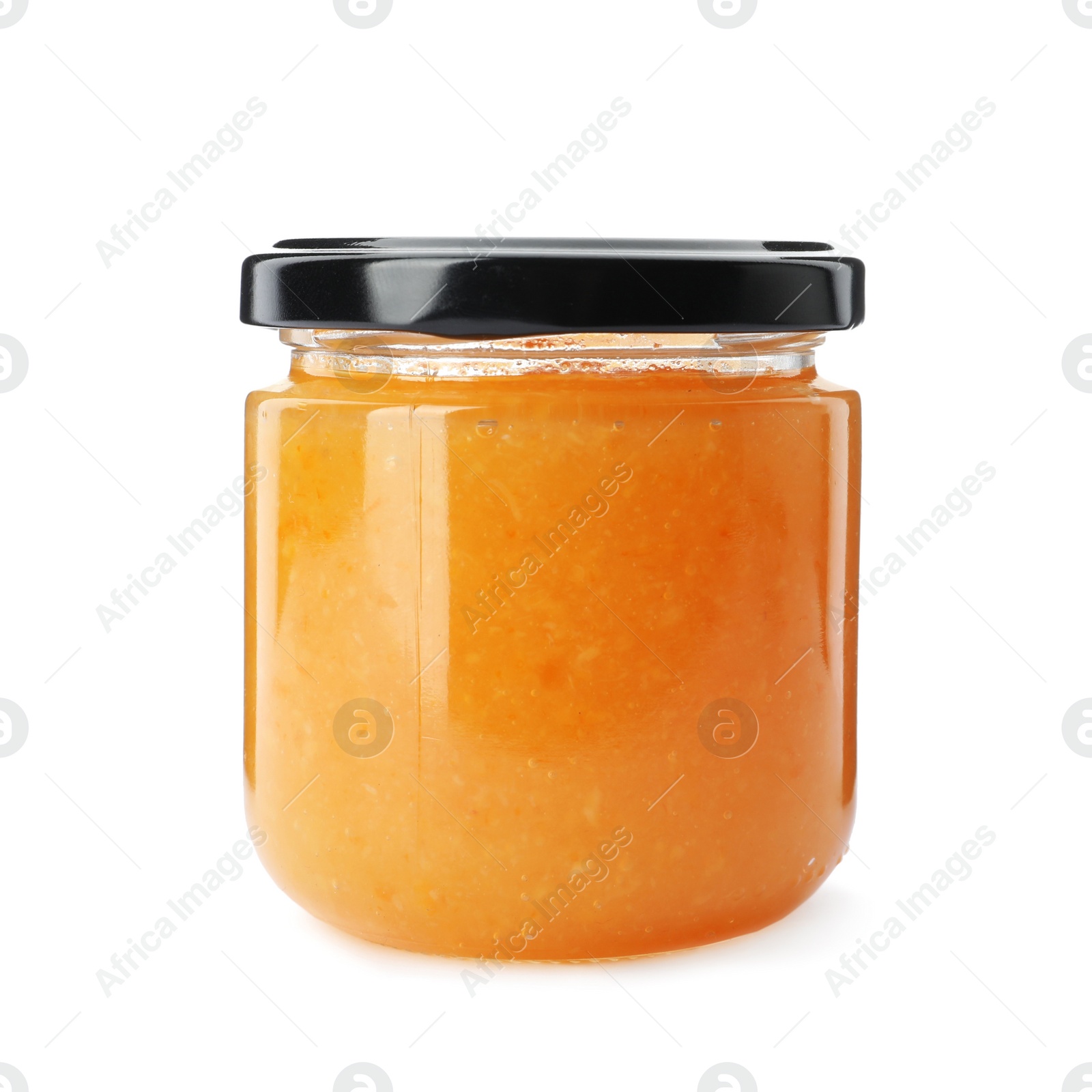 Photo of Delicious orange marmalade in jar on white background