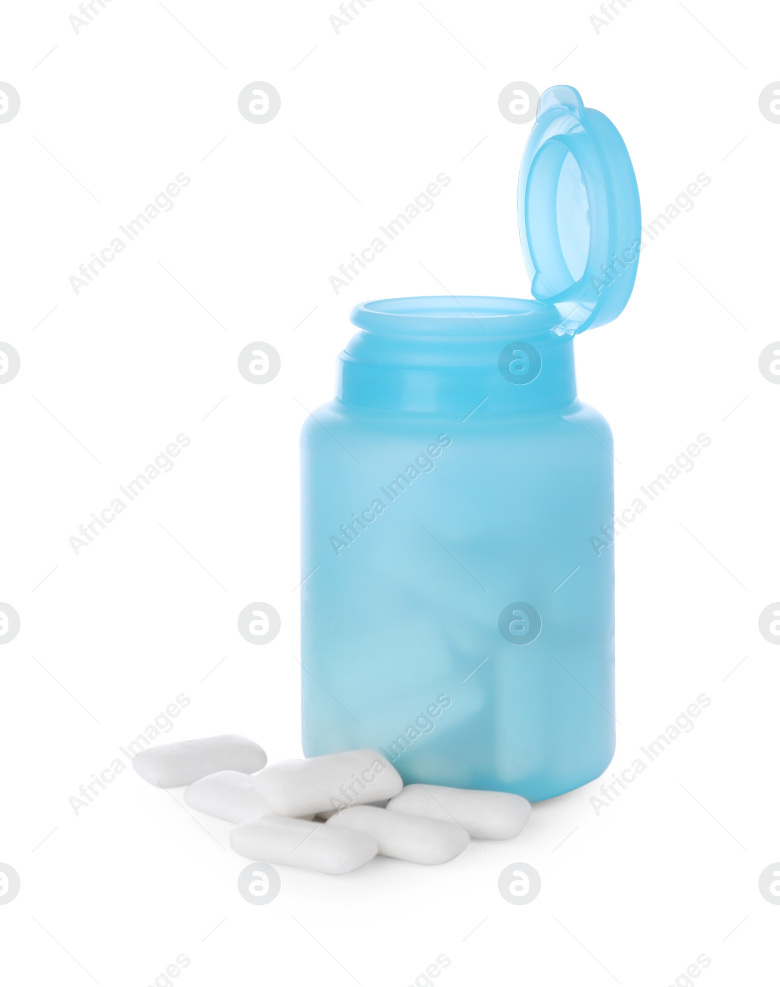 Photo of Light blue jar with chewing gums on white background