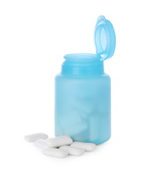 Photo of Light blue jar with chewing gums on white background