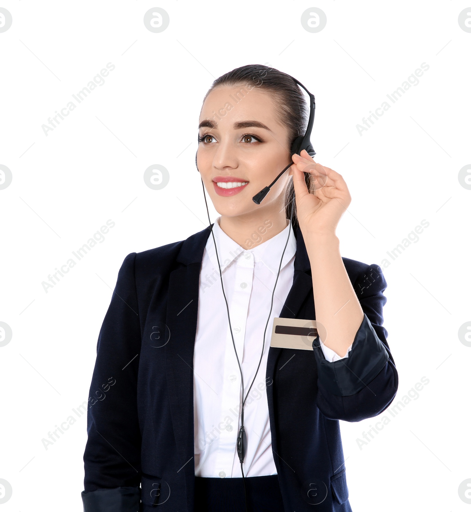 Photo of Female receptionist with headset on white background