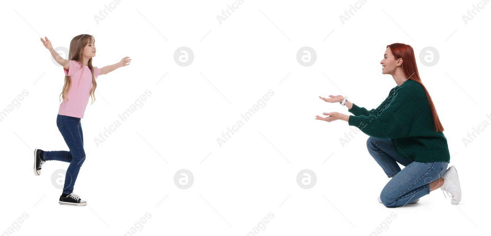 Image of Happy girl running towards her mother on white background