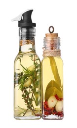 Glass bottles of cooking oil with spices and herbs on white background