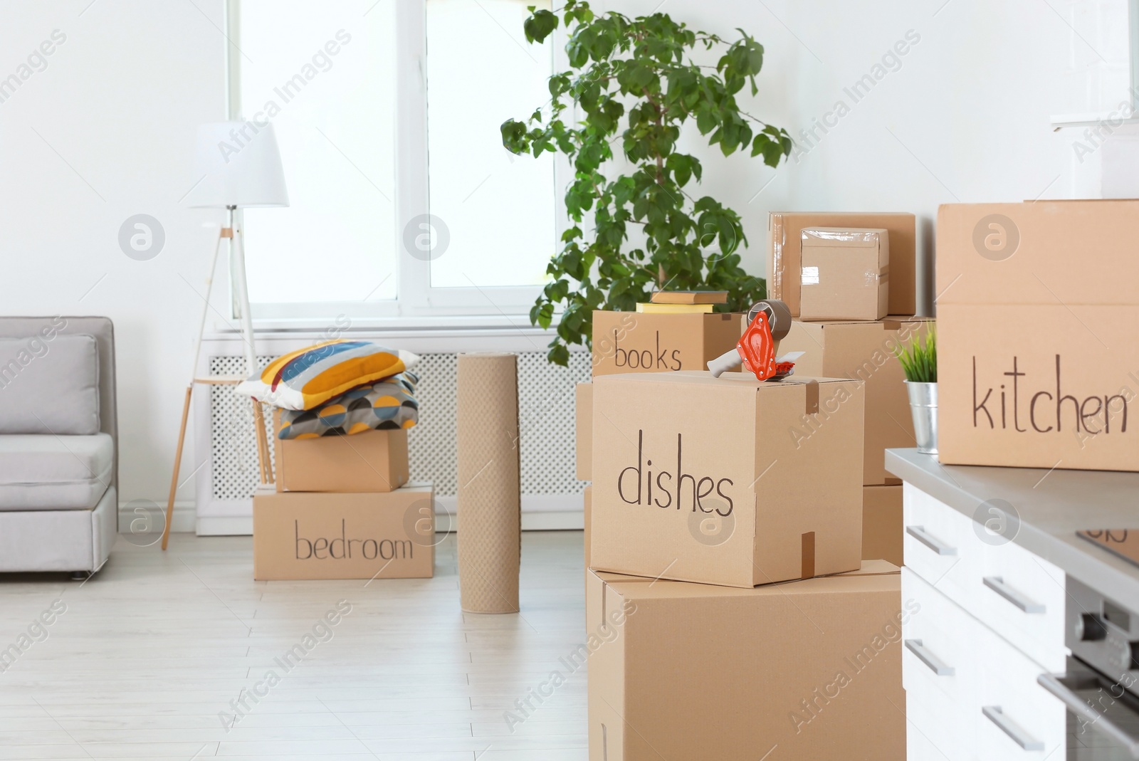 Photo of Moving boxes and household stuff indoors. Space for text