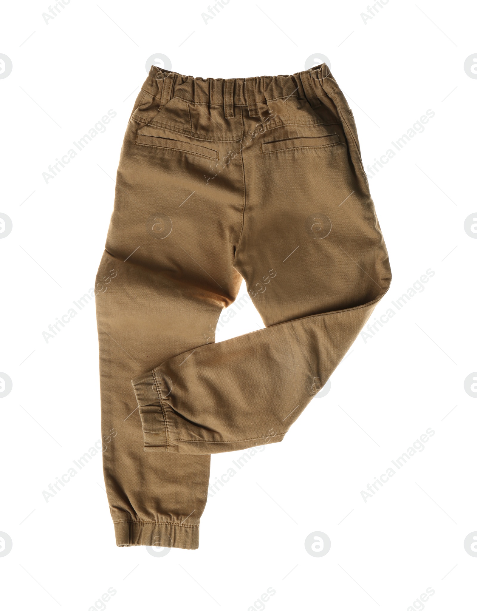 Photo of Rumpled brown pants isolated on white. Messy clothes
