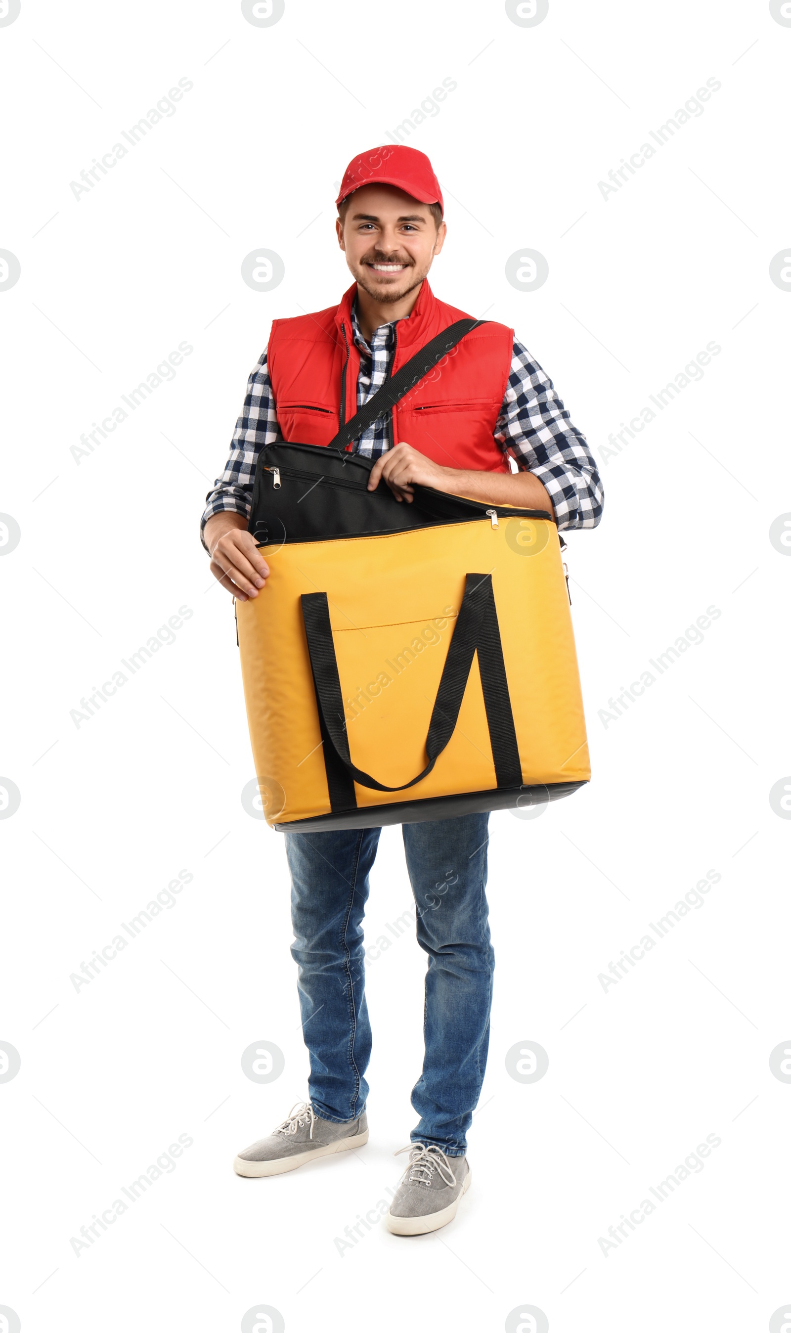 Photo of Young courier with thermo bag on white background. Food delivery service