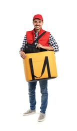 Photo of Young courier with thermo bag on white background. Food delivery service