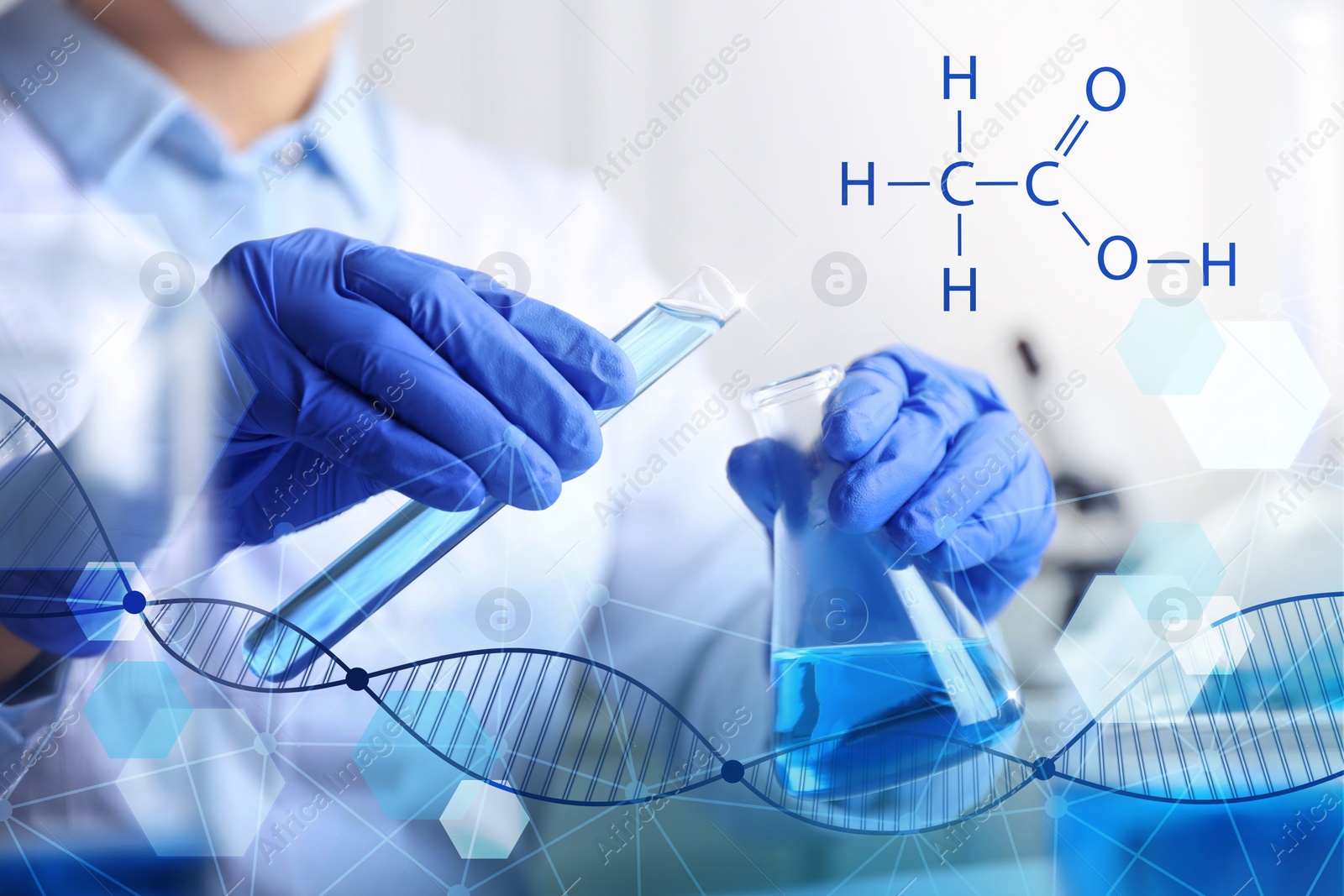 Image of Laboratory worker pouring blue liquid into flask indoors, structural formula of chemical compound and double helix illustration