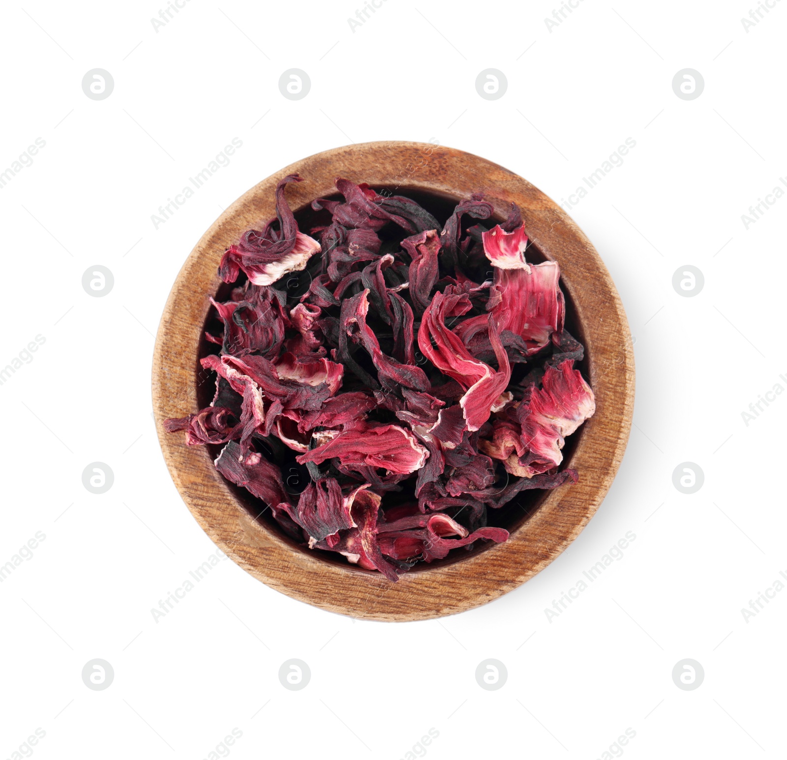 Photo of Bowl of dry hibiscus tea isolated on white, top view