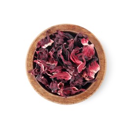 Bowl of dry hibiscus tea isolated on white, top view